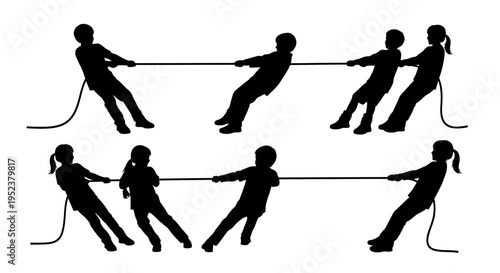 Children Silhouettes Tug of War Game, Teamwork and Competition
