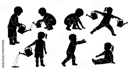 Children Silhouettes Watering Plants with Watering Cans, Outdoor Activities, Gardening Fun