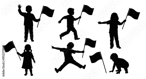 Children Silhouettes Waving Flags: Diverse Poses of Joyful Kids Celebrating