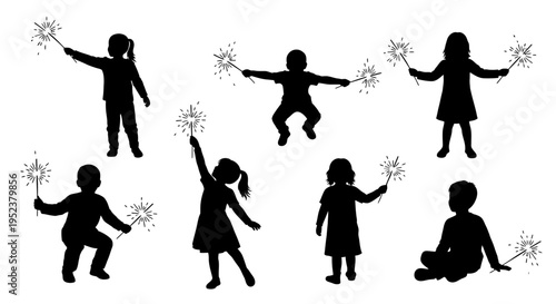 Children Silhouettes with Sparklers Celebrating New Year or Birthday Party