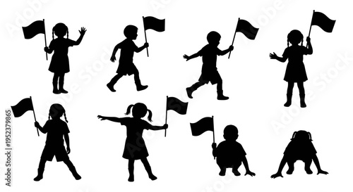Children Silhouettes Waving Flags: Diverse Group Celebrating, Playing, and Marching
