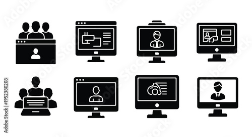 Set of 8 black glyph vector icons depicting online meetings, video conferencing, and digital collaboration