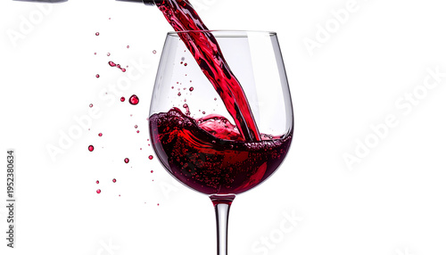 An image of red wine being splashed into a glass against a white background.
