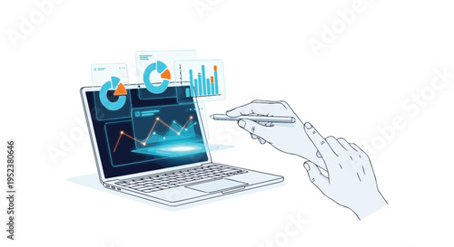 Data analysis and visualization using a laptop with charts and graphs
