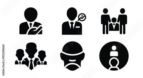 Set of 6 black glyph vector business people icons for human resources and management