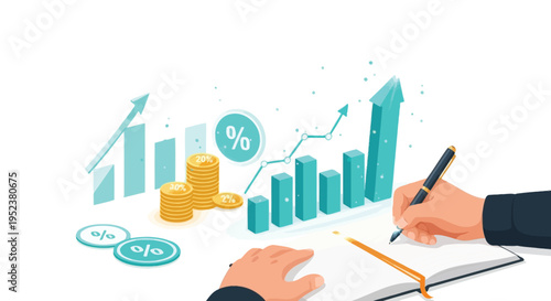 Financial growth illustration with charts coins and a person writing