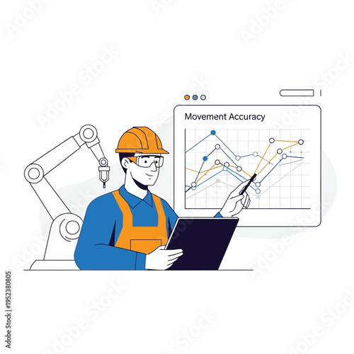 Industrial Worker Analyzing Robot Movement Accuracy Data.