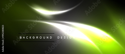 Abstract background features flowing lines, vibrant green, yellow hues. Dark areas contrast bright curves, creating dynamic visual effect.