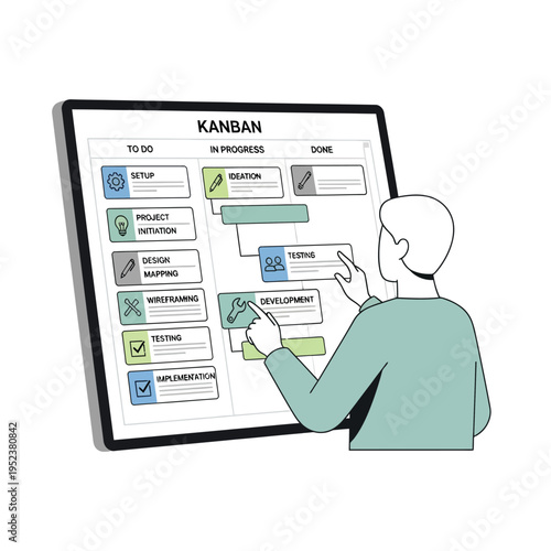 Kanban board with person interacting with tasks.