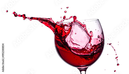 An image of red wine being splashed into a glass against a white background.