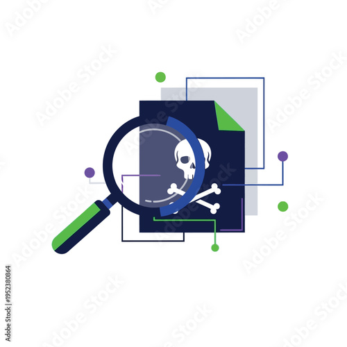 Malware Scan Magnifying Glass Document Skull Crossbones.