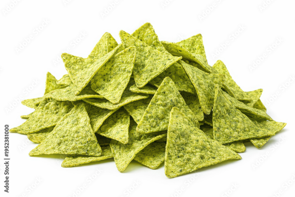 Fototapeta premium Pile of bright green triangular tortilla chips with background corn snack
