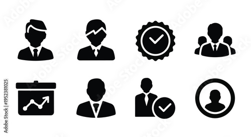 Set of 8 black business people and presentation icons vector for corporate websites and apps