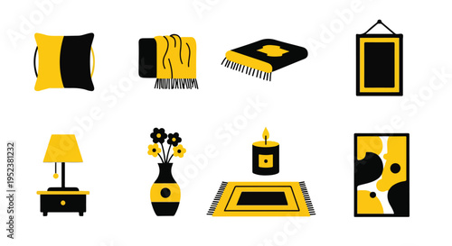 Set of 8 yellow and black home decor icons vector