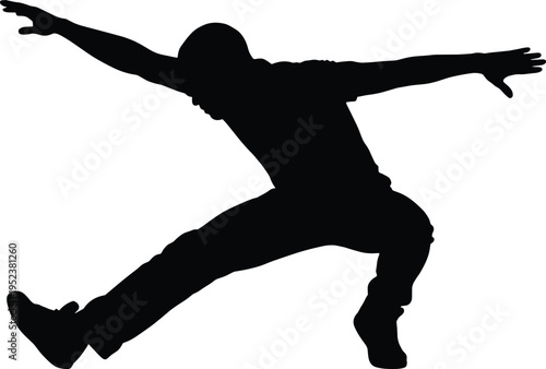 Energetic black silhouette of a male hip hop dancer performing a low ground power move breakdance pose isolated on a clean white background