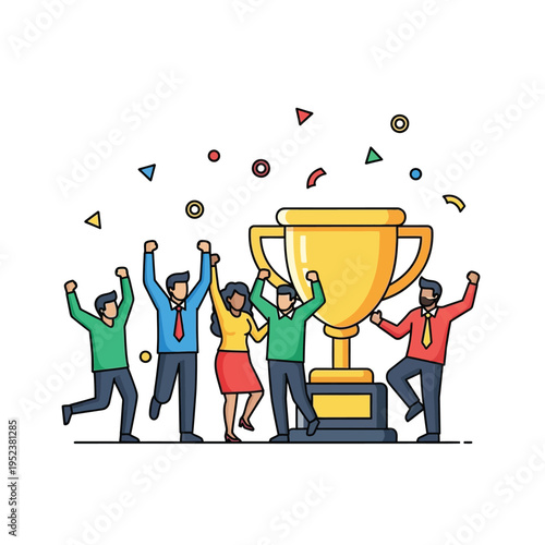 Team celebrating a grand victory with a golden trophy.