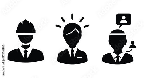 Set of 3 professional business people vector icons: engineer, creative idea, and communication