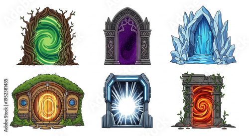 Pixel art fantasy portals collection diverse magical gateways for games. Features ancient, icy, futuristic, and nature-themed designs, perfect for digital adventures