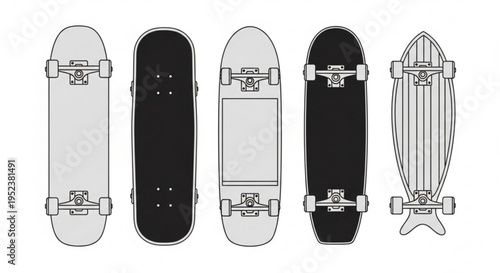 Line art illustration featuring a diverse array of skateboards and longboards, displaying various deck styles and wheel configurations for urban and recreational sports