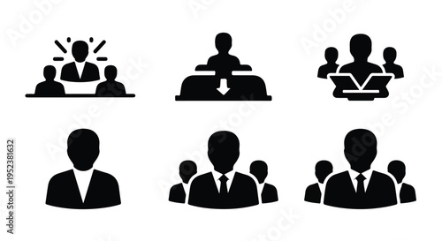 Set of 6 black vector business people icons for team, meeting, leadership, and user interface design