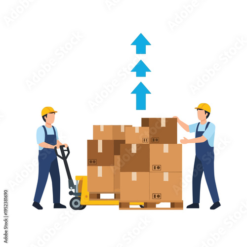 Warehouse workers loading boxes with pallet jack.