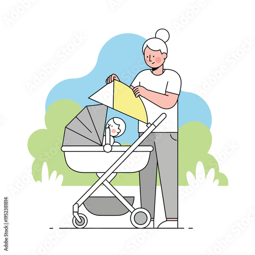 Woman adjusting sunshade on baby stroller with child inside.