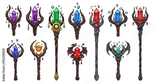 A captivating assortment of mystical fantasy staffs, each intricately designed with unique magical powers and adorned with glowing, colorful crystals, perfect for spellcasters