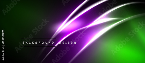 Abstract background features vibrant green, purple glows. Dynamic curves create modern, sleek visual effect. Dark areas enhance luminosity.