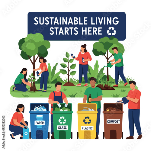 People sorting recyclable materials outdoors.