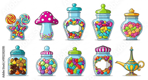 Collection of Assorted Candies in Jars and a Magic Lamp with a Whimsical, Playful Design