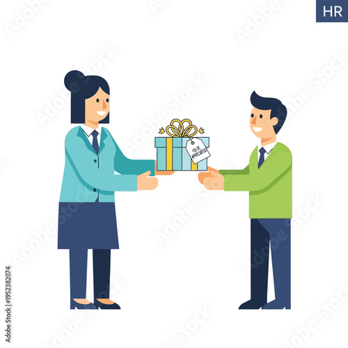 Woman gives gift to man in office setting.