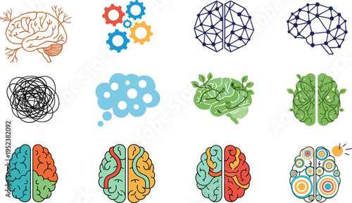 creative brain icons set, neuroscience concept illustration, neural network mind symbols, psychology intelligence thinking ideas, artificial intelligence abstract brain collection