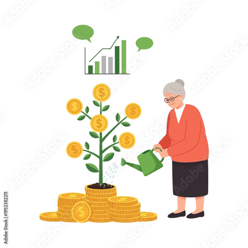 An elderly woman waters a plant growing out of a pile of coins