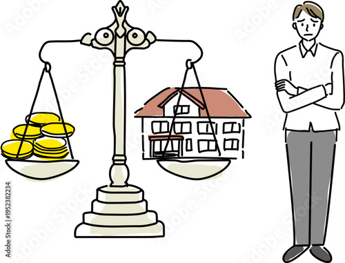 不動産相続や実家の処分で悩む人手描きシンプル線画