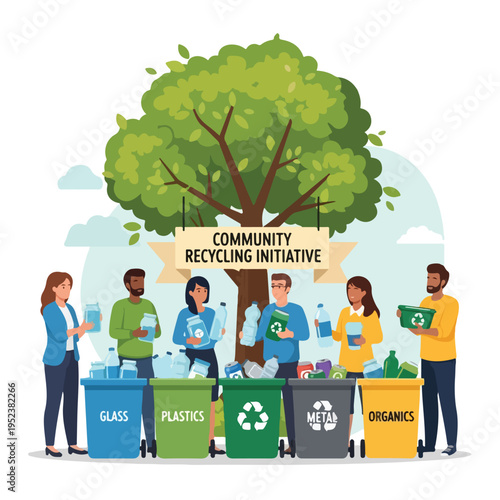 People collecting recyclable materials in bins.