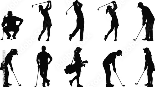 Set of Golf Player Silhouettes featuring Male and Female Golfers in Various Poses like Swinging, Putting, and Carrying Bags for Sports Design