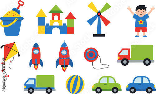 Colorful kids toys icon set, sand bucket, castle blocks, rocket, kite, toy cars, truck, ball, windmill vector
