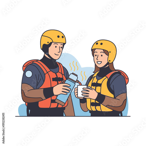 Two people in rafting gear taking a break.