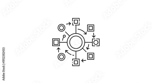 Abstract Network Diagram with Circular and Square Nodes, Flowchart, Connection, and Data Flow