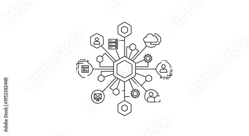 Abstract network diagram with connected icons representing data, cloud, people, and technology.
