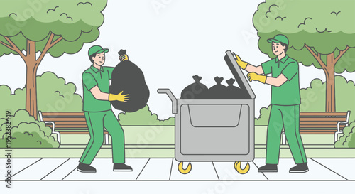Two sanitation workers collecting garbage bags in a park.