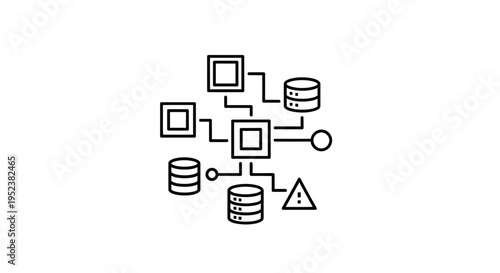 Abstract network diagram with database icons, nodes, and warning symbol