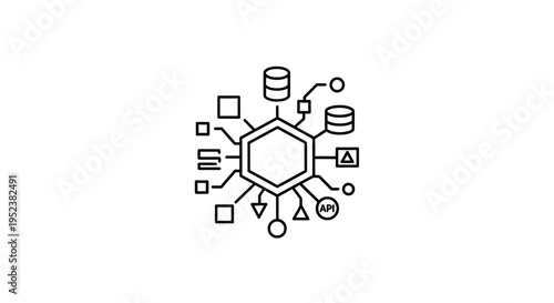 Abstract network diagram with hexagonal core, data nodes, and API symbol.