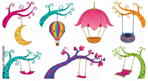 Whimsical Tree Branches Adorned with Playful Swings and Celestial Accents Creating a Dreamlike Scene