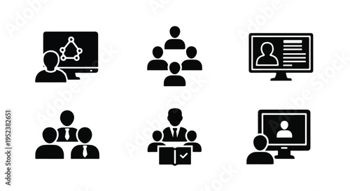 Set of 6 black and white vector icons depicting business, teamwork, and online communication concepts
