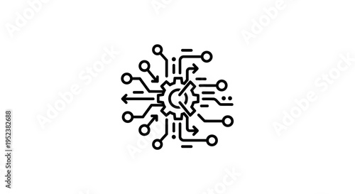 Abstract Technology Concept: Gear with Circuit Board Connections and Arrows