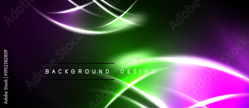 Abstract neon lines create vibrant green, purple glow. Dark background emphasizes flowing curves, modern design elements.