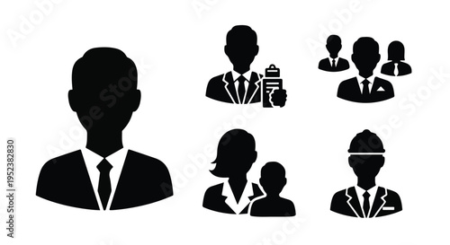 Set of 6 black silhouette business people vector icons for corporate, professional, and team representation