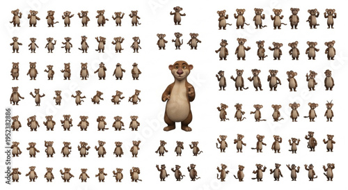 Large collection of 3D rendered cartoon otter poses and expressions, ideal for animation character design and game development, offering versatile digital media resources