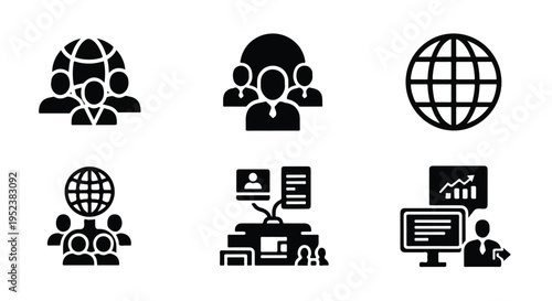 Set of 6 business and global communication vector icons for corporate presentations and web design